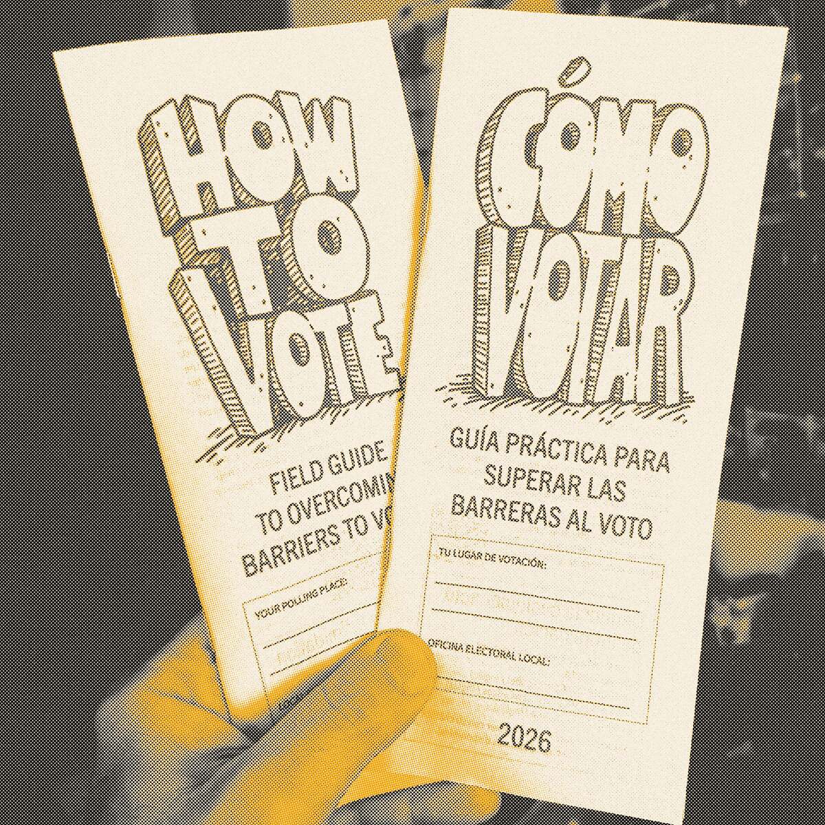 Two copies of the same zine held in one hand, one turned to each cover. How to Vote on one side, Cómo Votar on the other.